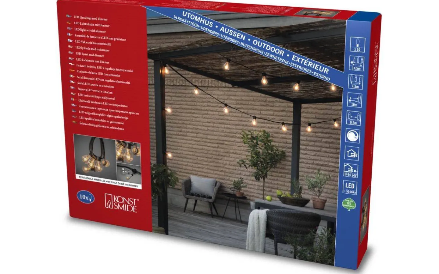 Konstsmide Ambrose Ljusslinga 4,5m 10L Svart/Amber Flatkabel IP44* Partyslingor Utomhus 230V|Partyslingor Utomhus 230V