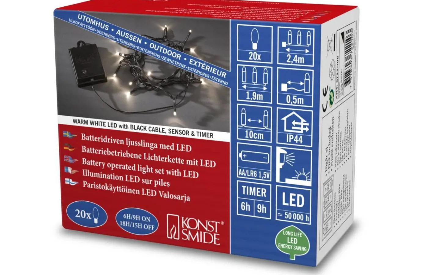 Konstsmide Batteridriven Ljusslinga 1,9m med Skymningssensor Varmvit, Svart IP44* Batterislingor|Batterislingor Utomhus