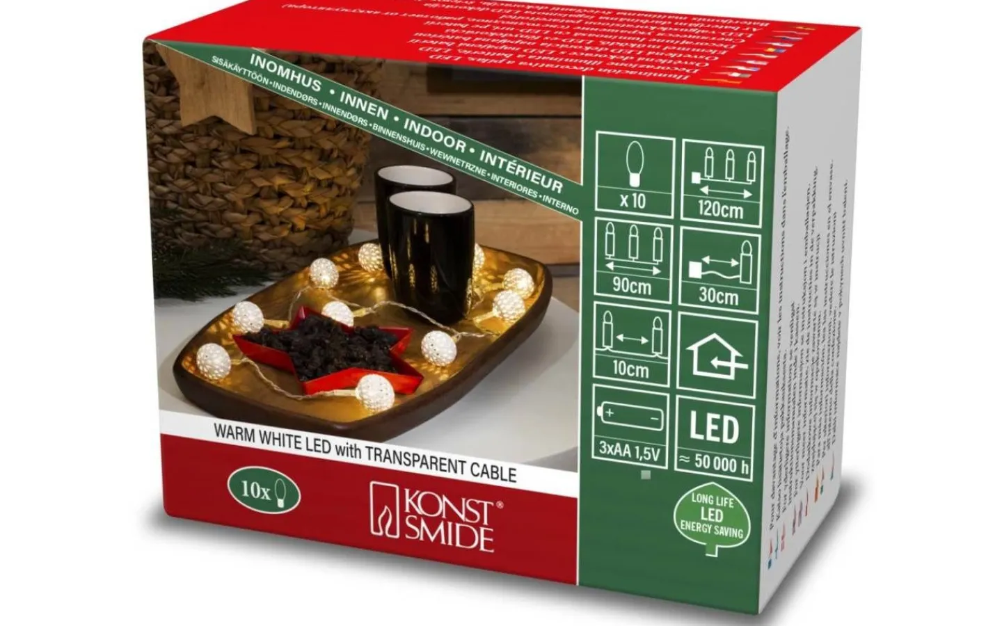 Batteri Julpynt Inomhus<Konstsmide Batteridriven Ljusslinga 90cm Metallbollar, Vit