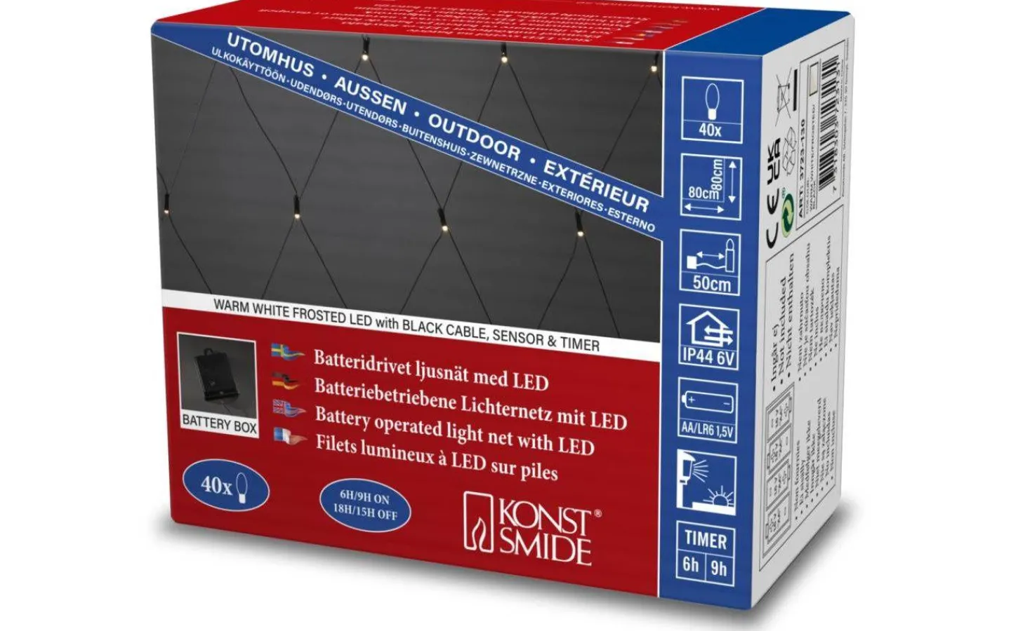 Konstsmide Batteridrivet Ljusnät 80x80cm med Skymningssensor Frost Varmvit IP44* Ljusnät|Batterislingor