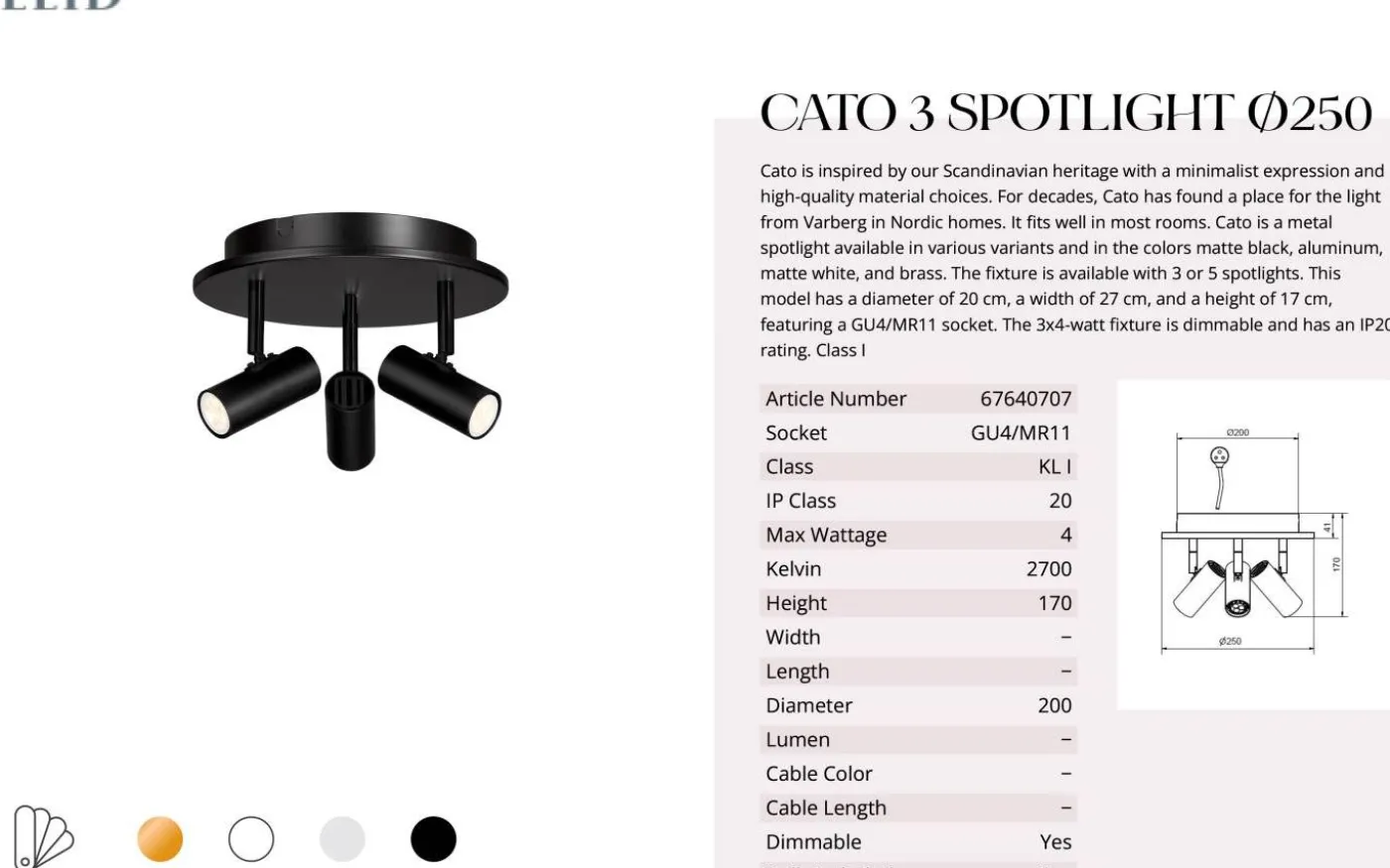 Cato Takspotlight 20cm LED 3x3W Mattsvart