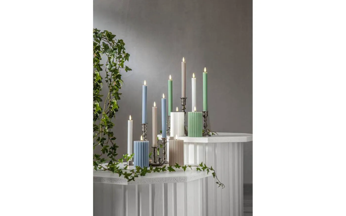 Flamme Stripe Batteridrivet Blockljus 15cm Vit