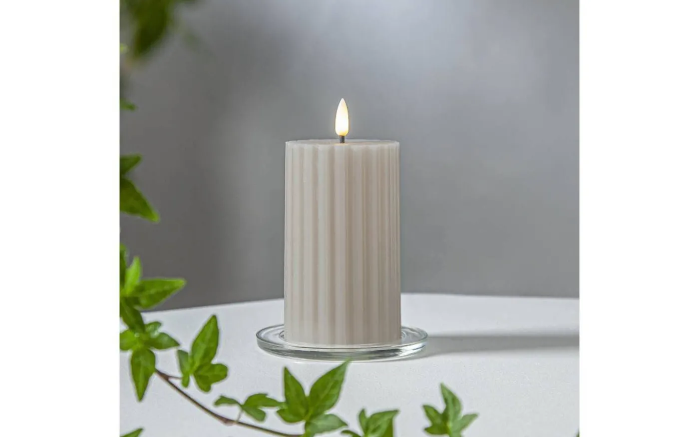 Flamme Stripe Batteridrivet Blockljus 15cm Beige