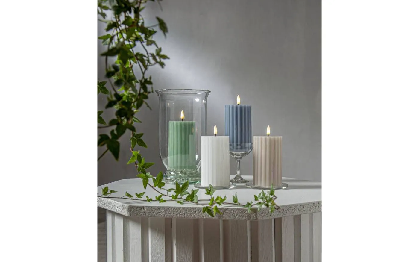 Flamme Stripe Batteridrivet Blockljus 15cm Beige