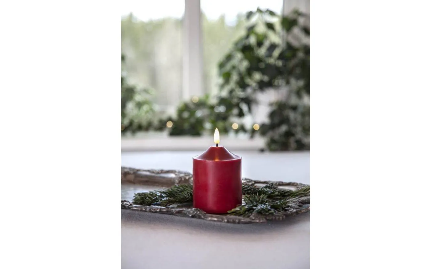 Flamme Topp Batteridrivet Blockljus 12cm Mörkröd