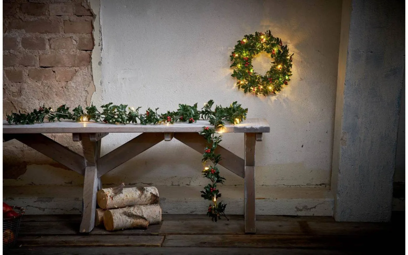 Holly Batteridriven Krans 30cm LED Grön IP44