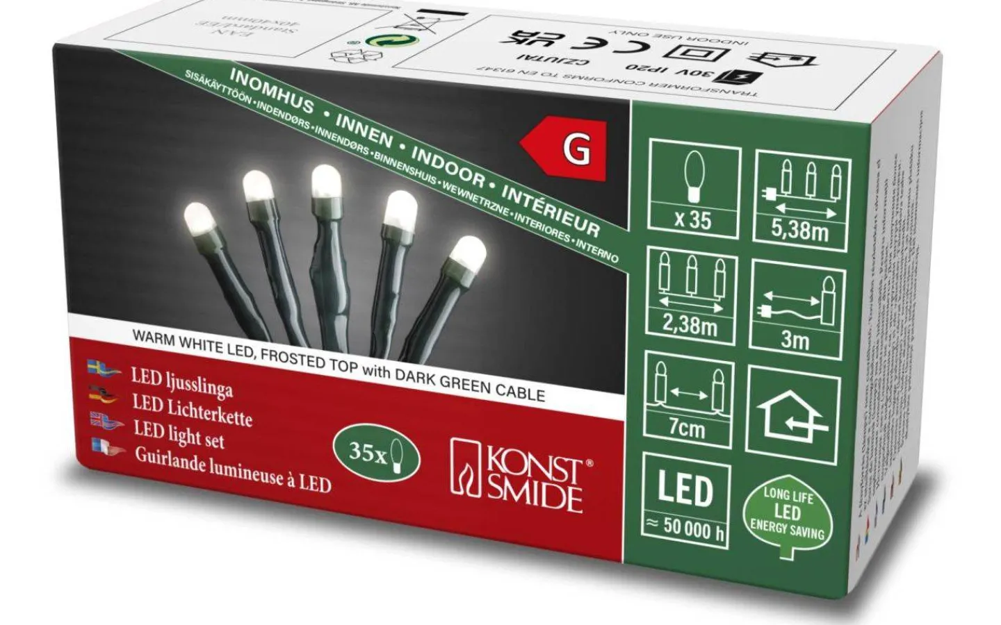 Konstsmide Mini Ljusslinga 2,38m Frostad Varmvit, Mörkgrön Inomhus* Korta Ljusslingor (1-10M)|Ljusslingor Inomhus