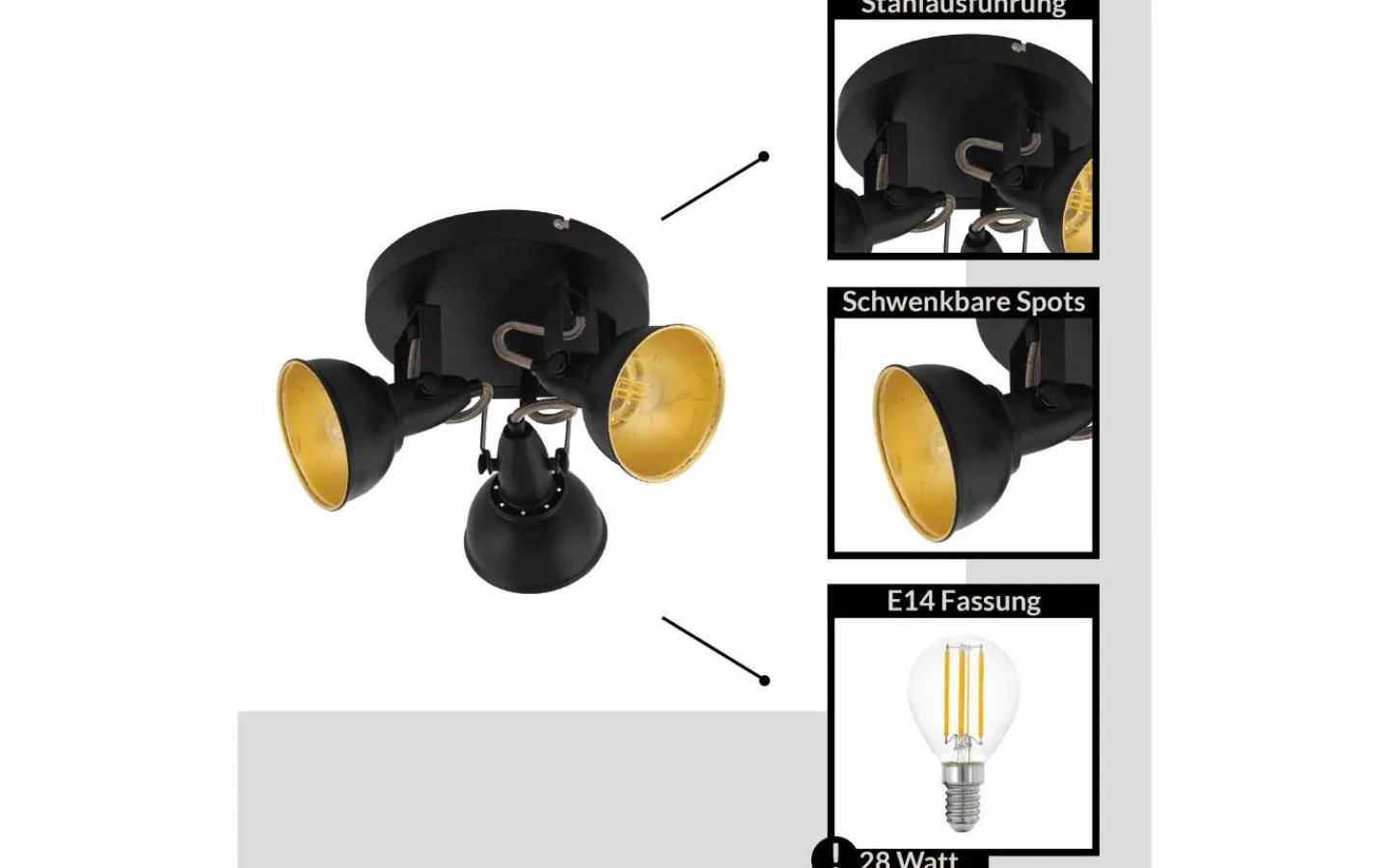 Runda Takspotlights|Takspot Med 3 Lampor<Eglo Thornton Takspotlight 25cm Svart/Guld