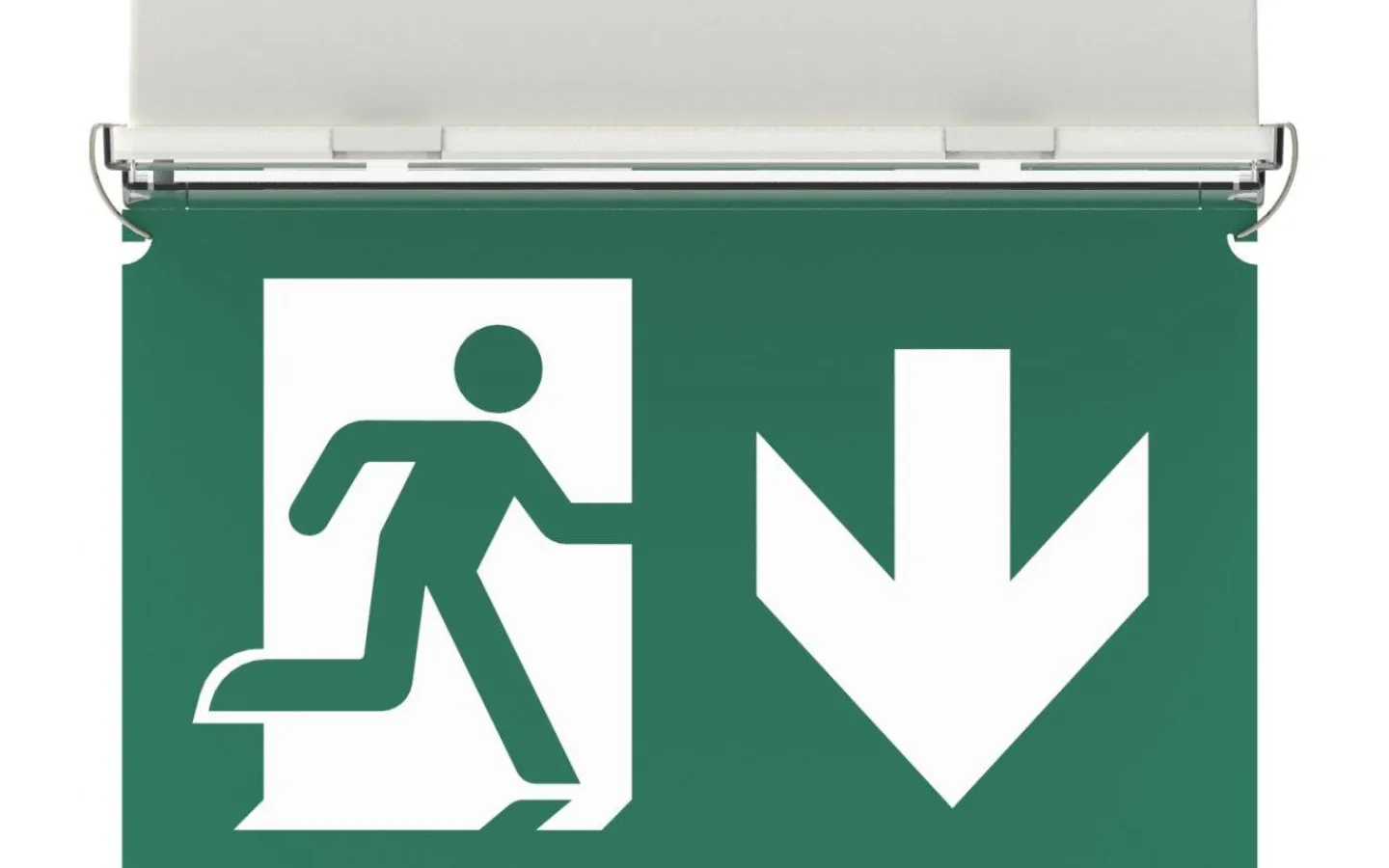 Malmbergs Underhängande piktogram med pil ner* Nödbelysning