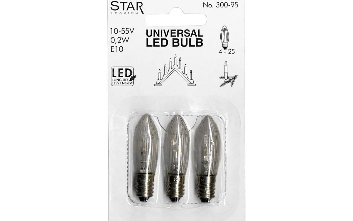 Star Trading Universal LED E10 10-55V 5lm 2100K 3-Pack* E10 Led Jullampor|E10 Led Jullampor