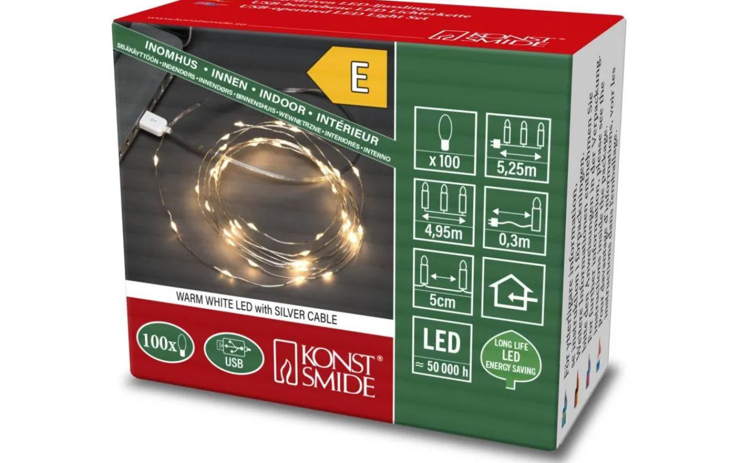 Julpynt Inomhus<Konstsmide USB Ljusslinga 4,95m Varmvit
