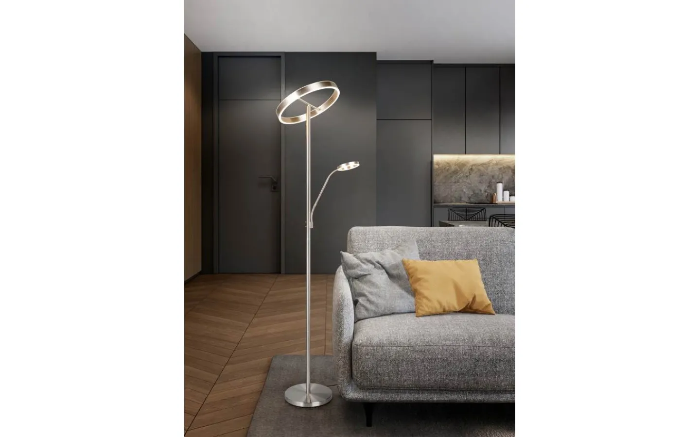 Trio Lighting Willis Golvlampa LED med läslampa i borstat stål* Uplight|Golvläslampor